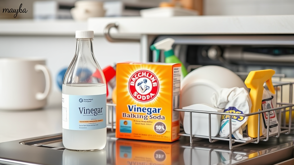 White vinegar bottle and baking soda box on kitchen counter near open dishwasher, cleaning supplies arrangement, no text no words no letters