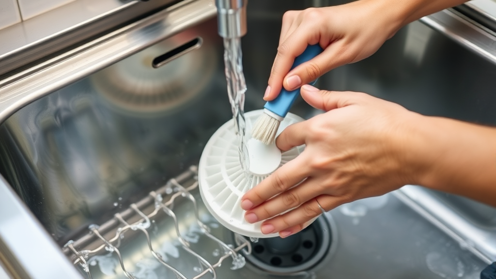 Person cleaning dishwasher filter component under running water in kitchen sink, hands scrubbing with brush, no text no words no letters