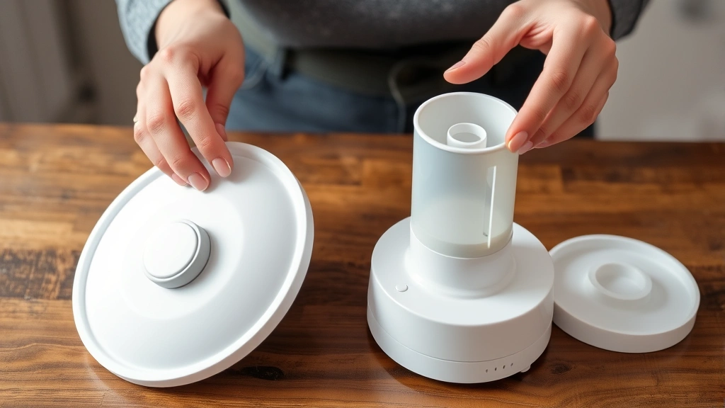 Close-up of hands disassembling a white ultrasonic humidifier showing removable tank and base components on a wooden table