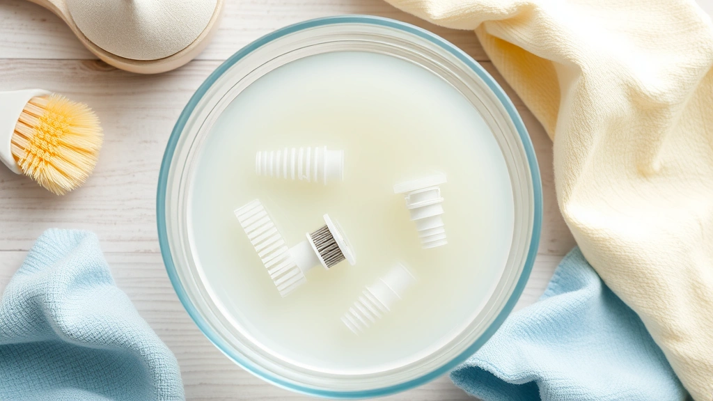 White vinegar solution in a clear bowl with humidifier parts soaking inside, surrounded by cleaning supplies like soft brush and microfiber cloth