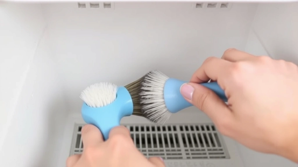 Hands using a soft-bristled brush to scrub the interior of a humidifier tank, showing mineral deposit removal in action