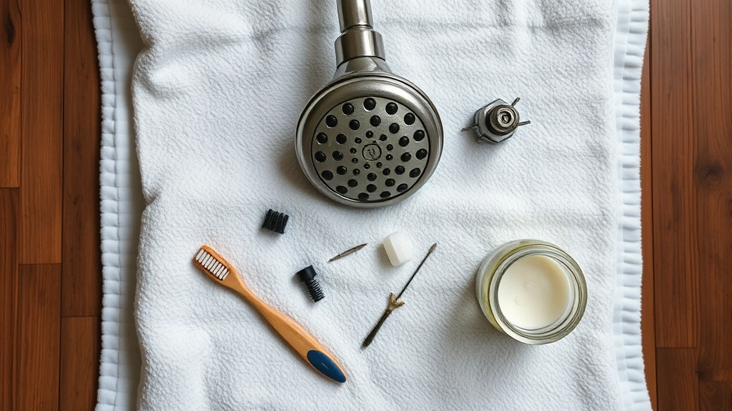Overhead view of a disassembled showerhead parts laid out on white towel with old toothbrush, needle, and small jar of baking soda paste nearby