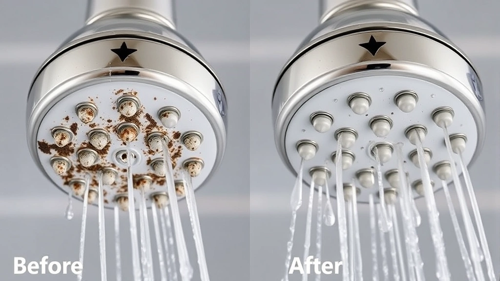 Before and after comparison showing blocked showerhead nozzles with mineral buildup on left side and clean clear nozzles on right side, water droplets visible