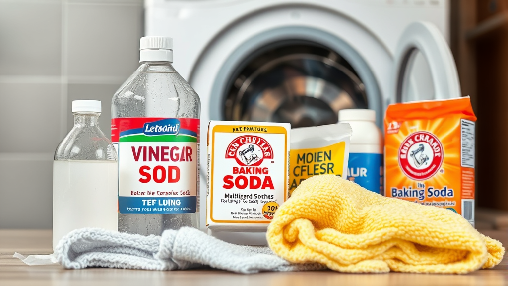 Cleaning supplies including white vinegar baking soda microfiber cloths arranged around open washing machine no text no words no letters