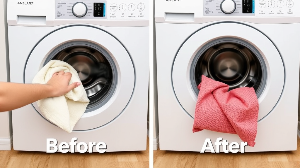 Front loading washer door seal being cleaned with cloth showing before and after comparison no text no words no letters