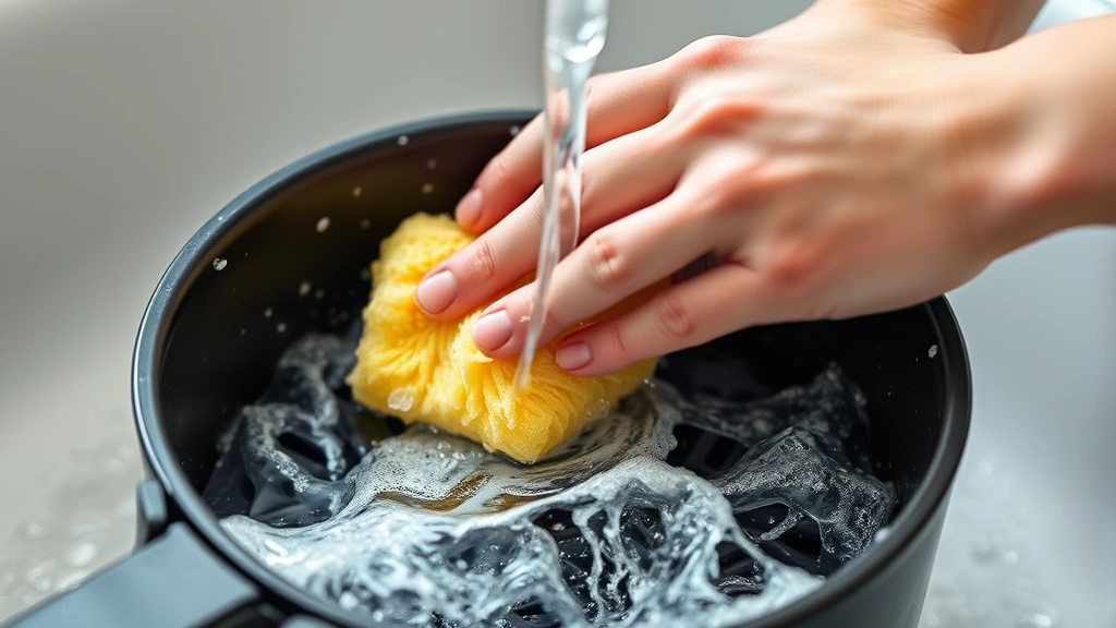 Close-up of hands using a soft sponge to gently scrub an air fryer basket under warm running water, with soap suds visible and steam rising