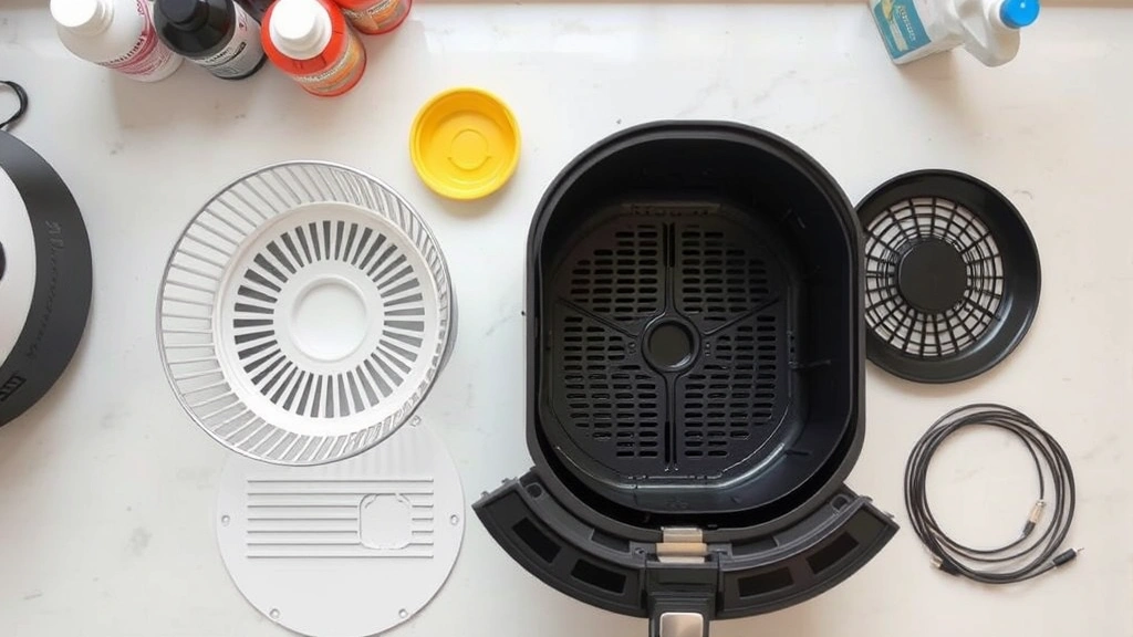 Overhead view of a disassembled air fryer showing the basket, drip tray, and heating coil components laid out on a clean kitchen counter with cleaning supplies nearby
