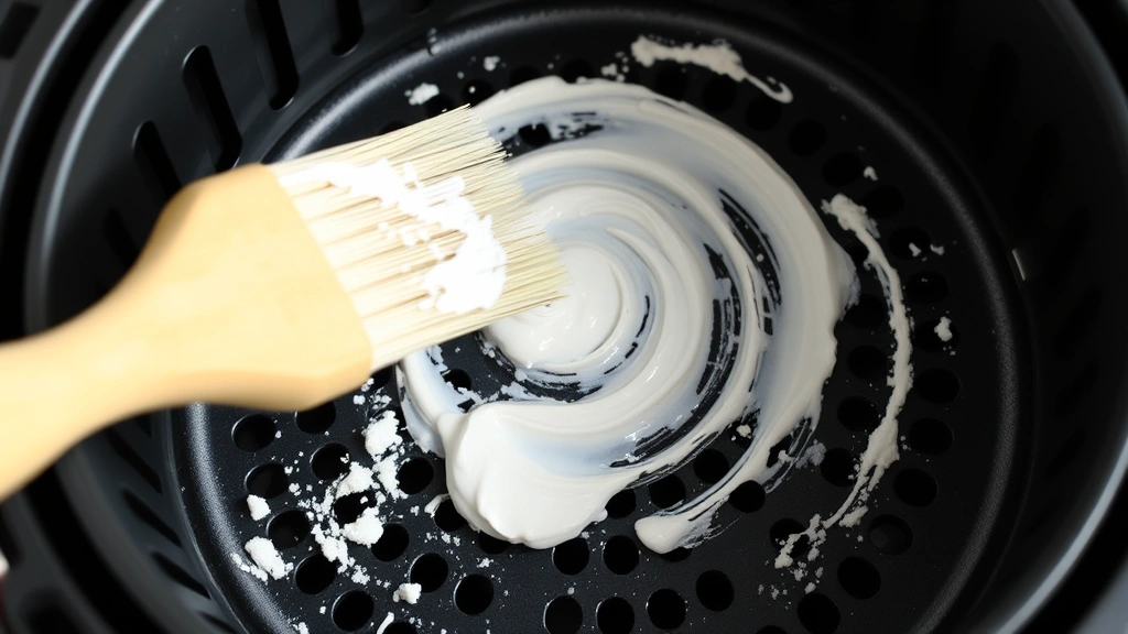 Detailed shot of baking soda paste being applied with a soft brush to the interior heating coil area of an air fryer, with the paste clearly visible on the bristles
