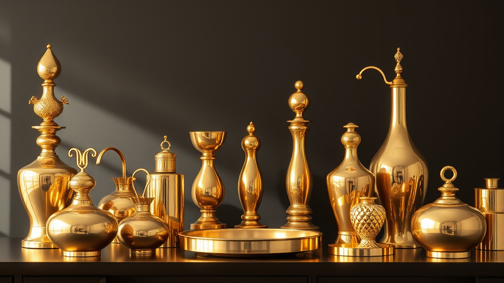 Gleaming golden brass decorative items and fixtures arranged elegantly with soft lighting highlighting their lustrous shine no text no words no letters