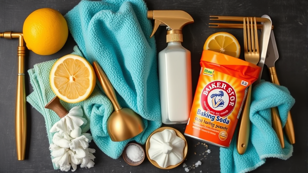 Various brass cleaning supplies and tools including soft cloths microfiber towels natural ingredients lemon baking soda arranged neatly no text no words no letters