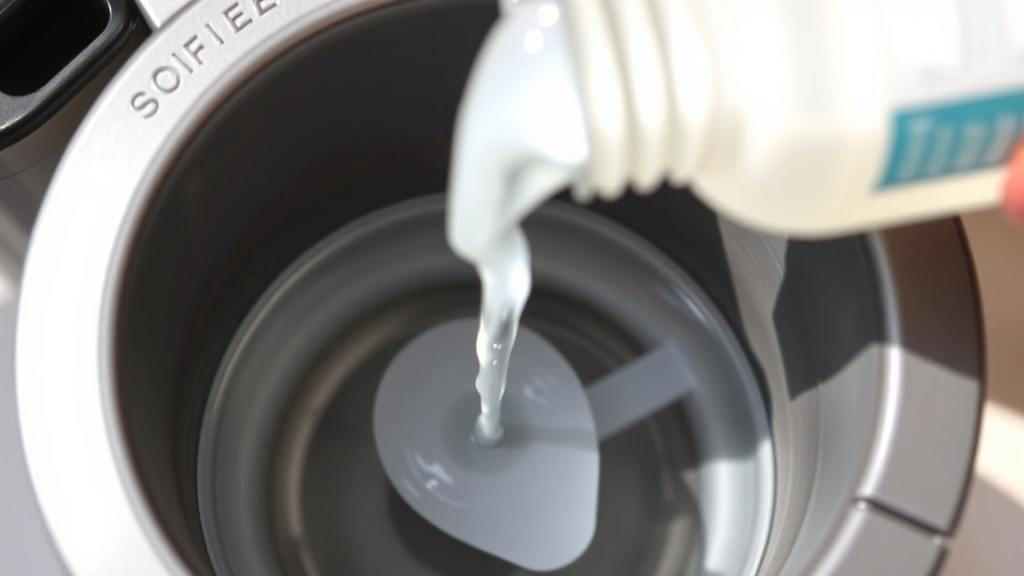 Close-up of white vinegar being poured into a coffee maker's water reservoir, showing the clear liquid and the interior chamber, bright natural lighting