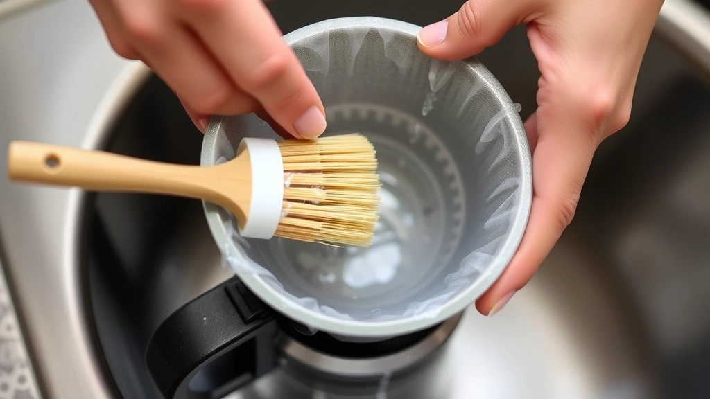 Hands using a soft-bristled brush to scrub the interior of a coffee maker's filter basket over a sink, showing detailed cleaning technique and water spray