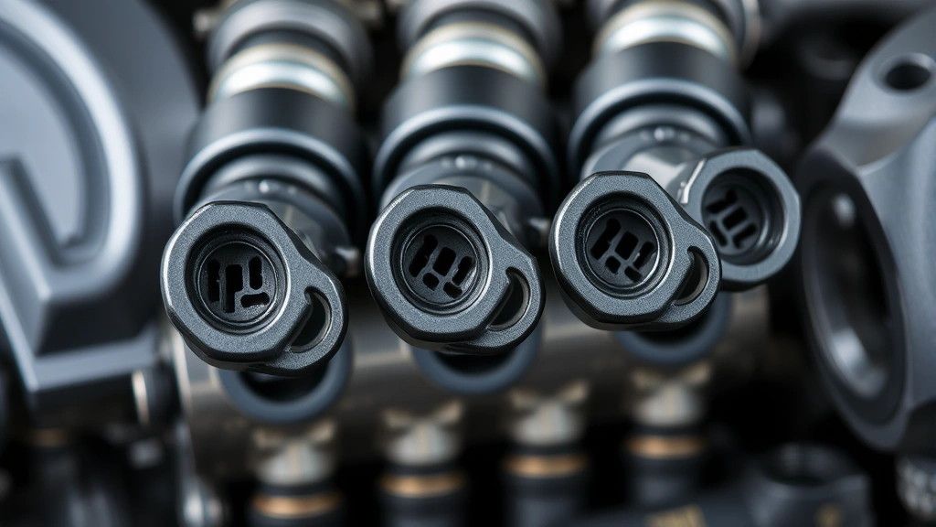 Close-up of fuel injector nozzles showing intricate spray pattern holes, mounted on metallic fuel rail assembly in engine bay