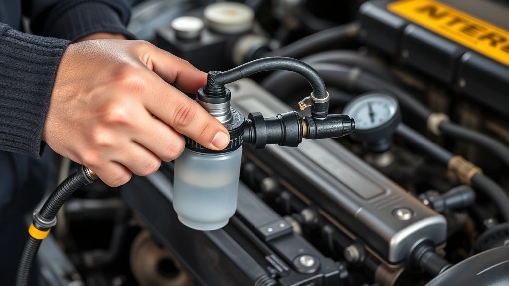 Mechanic hands holding pressurized fuel injector cleaning kit canister connected via hose to engine fuel rail with pressure gauge visible