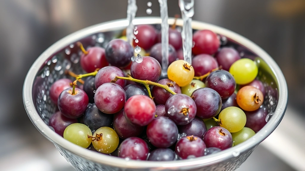 Fresh purple and green grapes being rinsed in a stainless steel colander under cool running water, water droplets visible, clean kitchen sink background