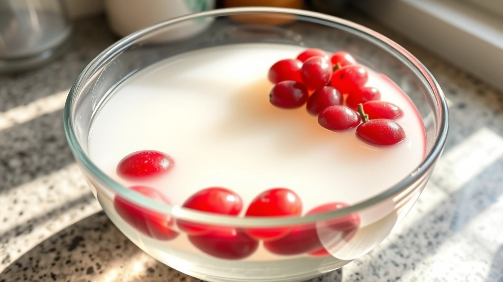 Bowl of white vinegar and water solution with submerged red grapes, clear glass bowl, kitchen counter setting with natural lighting