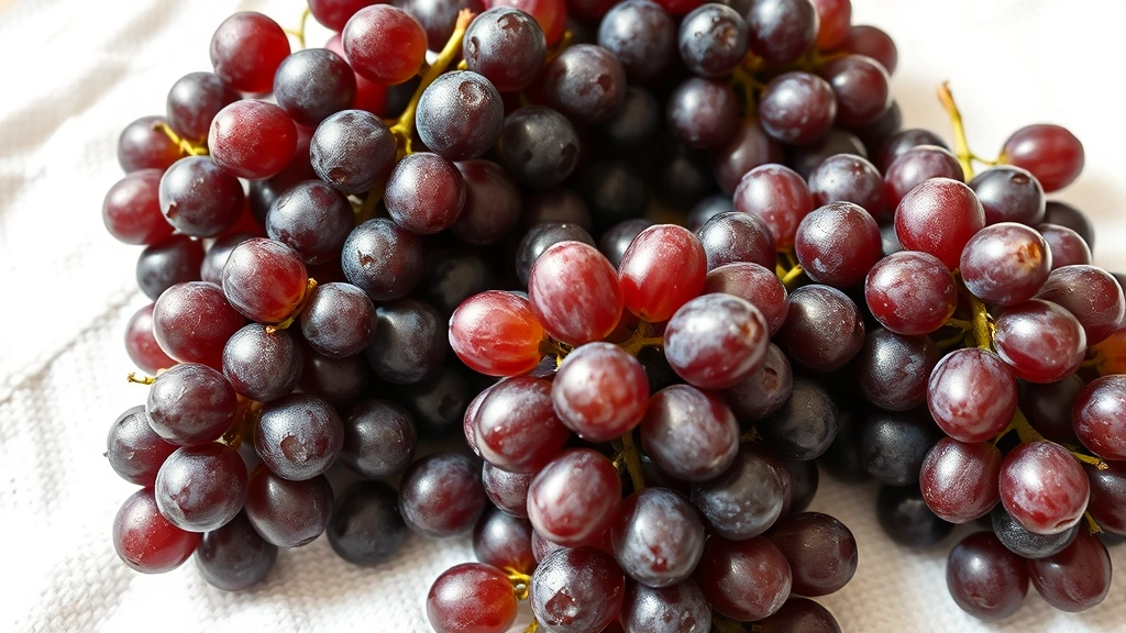 Clean dry grapes arranged on a white kitchen towel after being patted dry, soft natural lighting, close-up detail showing individual grape texture