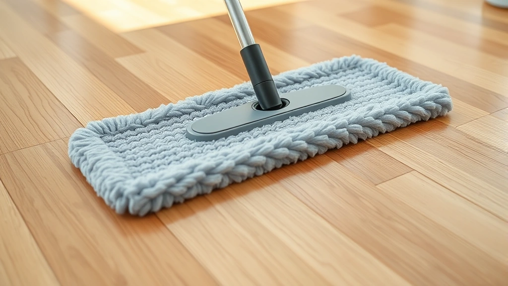 Close-up of a microfiber mop gliding smoothly across gleaming hardwood floor planks with natural light reflection