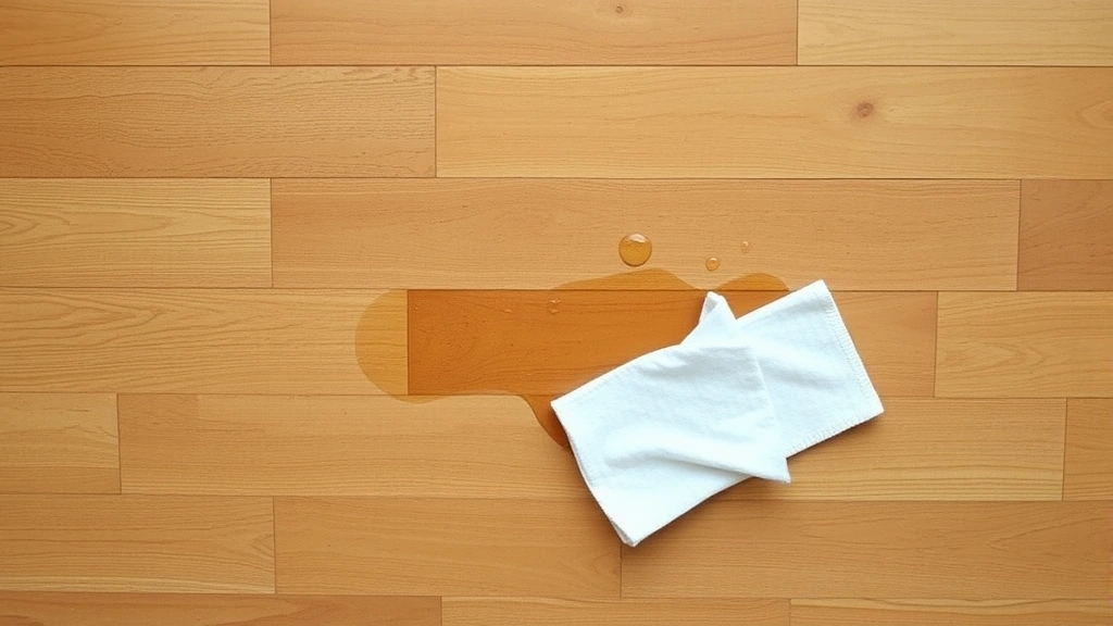 Overhead view of hardwood floor with water droplets and a white cloth blotting spill, showing proper technique