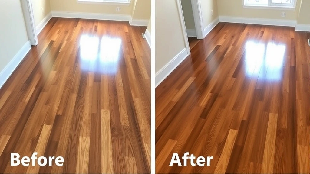 Before and after comparison of dull hardwood floor transforming to bright shiny finish after cleaning treatment