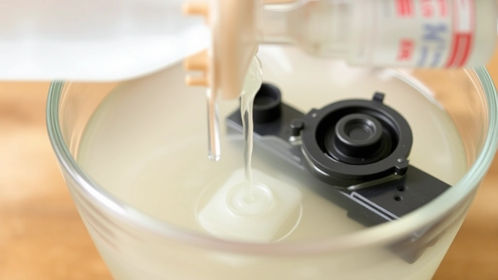 Close-up of white vinegar solution being poured into a clear glass bowl with humidifier tank parts soaking inside