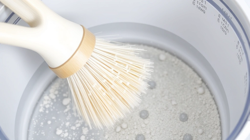 Soft-bristled brush gently scrubbing mineral deposits inside a transparent humidifier tank, showing detailed texture of buildup being removed