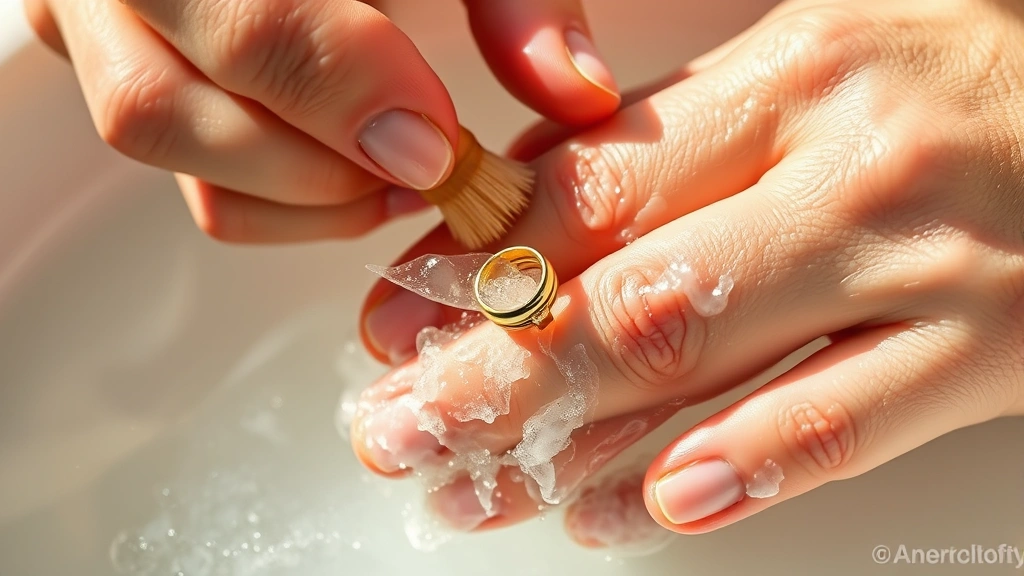 Close-up of hands gently cleaning a delicate gold ring with a soft brush in warm soapy water, soft natural lighting highlighting the jewelry detail