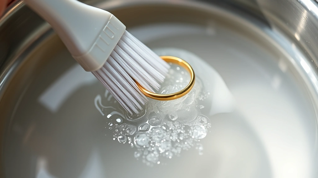 Close-up of delicate gold ring being gently brushed with soft toothbrush over warm soapy water, professional jewelry cleaning setup with natural lighting