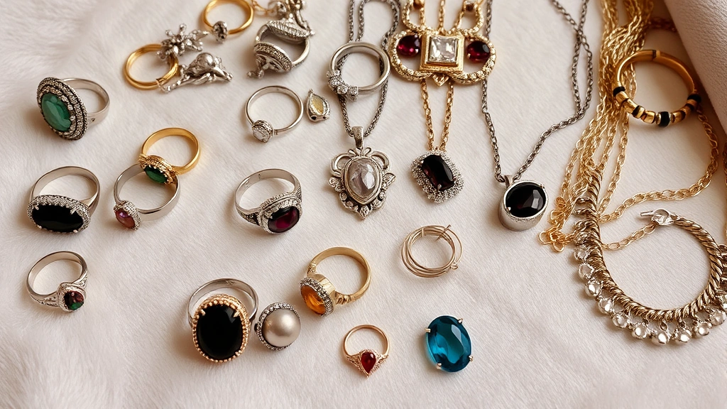 Assorted jewelry pieces including rings, necklaces, and bracelets displayed on a soft fabric surface, showing variety of metals and gemstones