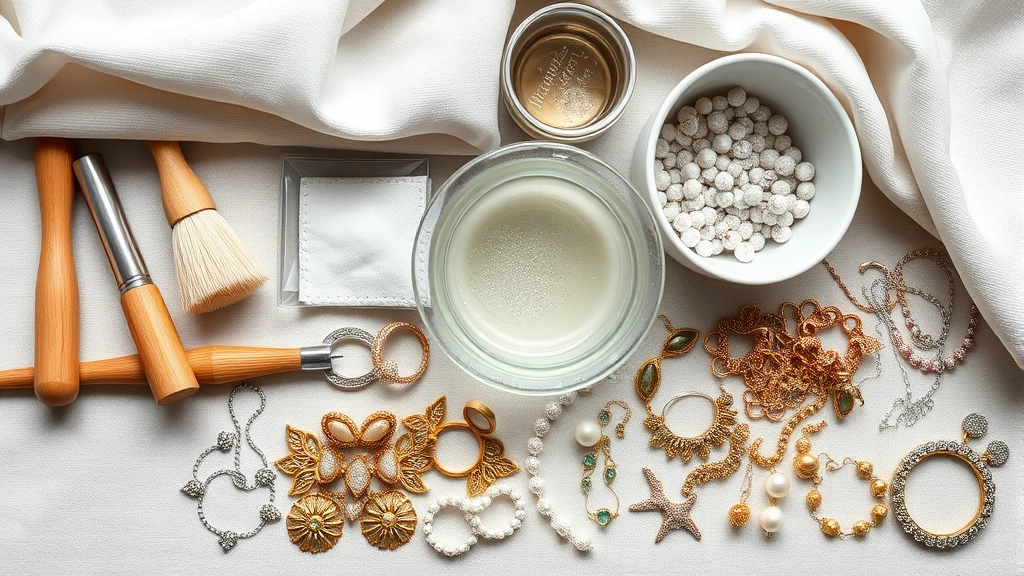 Array of jewelry cleaning supplies arranged neatly: soft cloths, small brushes, bowls with solutions, and various precious jewelry pieces ready to be cleaned
