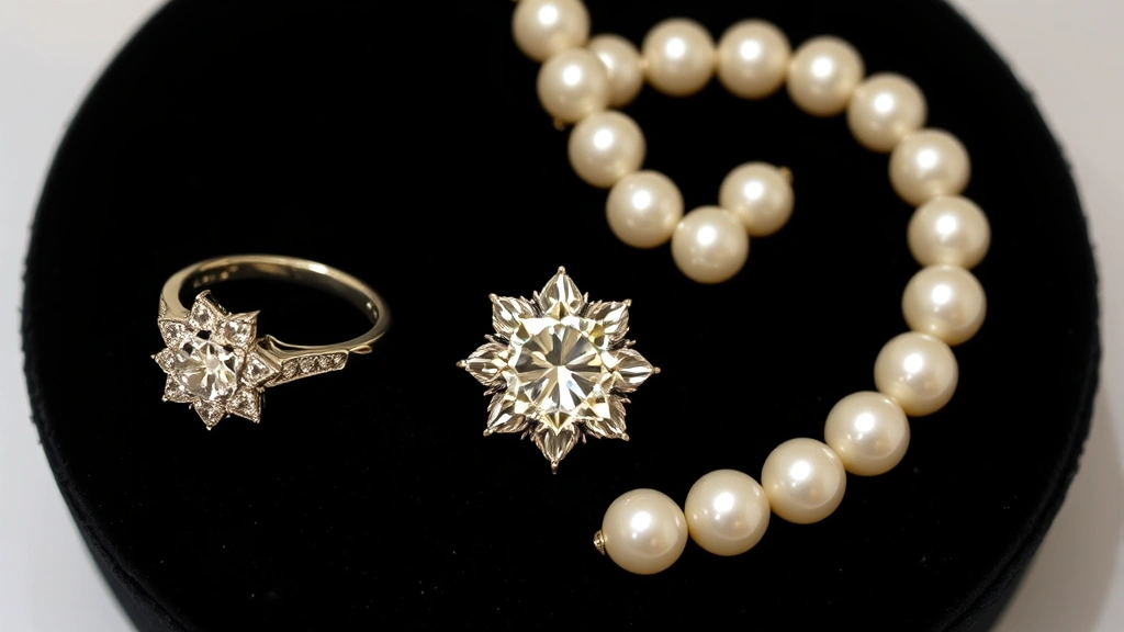 Sparkling diamond ring, pearl necklace, and gold bracelet displayed on black velvet surface, showing brilliant shine and restored luster after professional cleaning