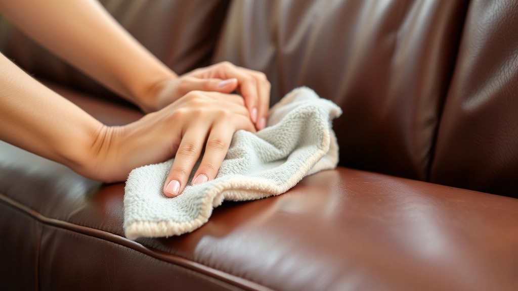 Close-up of hands gently wiping a brown leather sofa with a soft microfiber cloth, showing cleaning technique in bright natural light