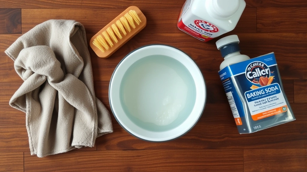 Overhead view of leather cleaning supplies arranged on a wooden table: cloth, brush, bowl of soapy water, conditioner bottle, and baking soda