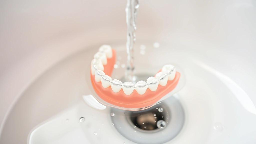 Close-up of clear plastic retainer being gently rinsed under lukewarm running water in a bathroom sink, soft light, water droplets visible