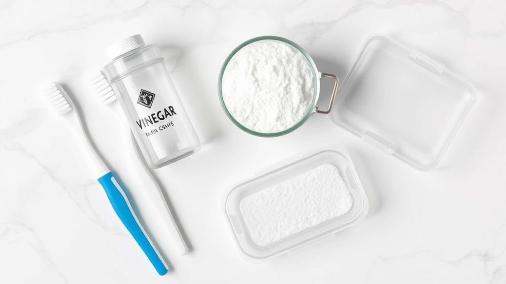 Flat lay composition showing soft-bristled toothbrush, white vinegar, baking soda, and clear retainer case on white marble surface