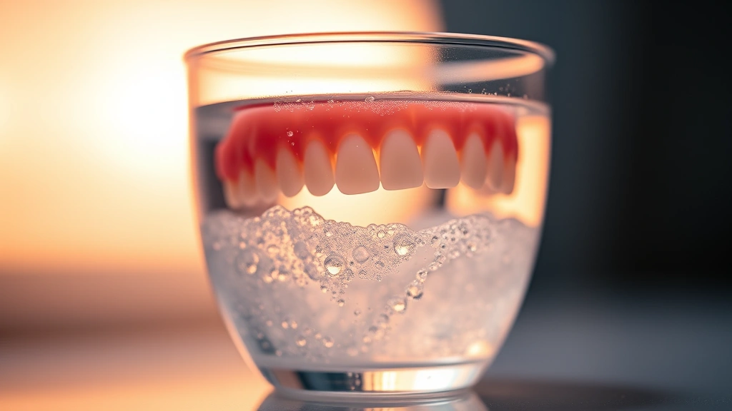 Retainer soaking in transparent glass cup with fizzing denture cleaning tablet solution, bubbles rising, warm ambient lighting