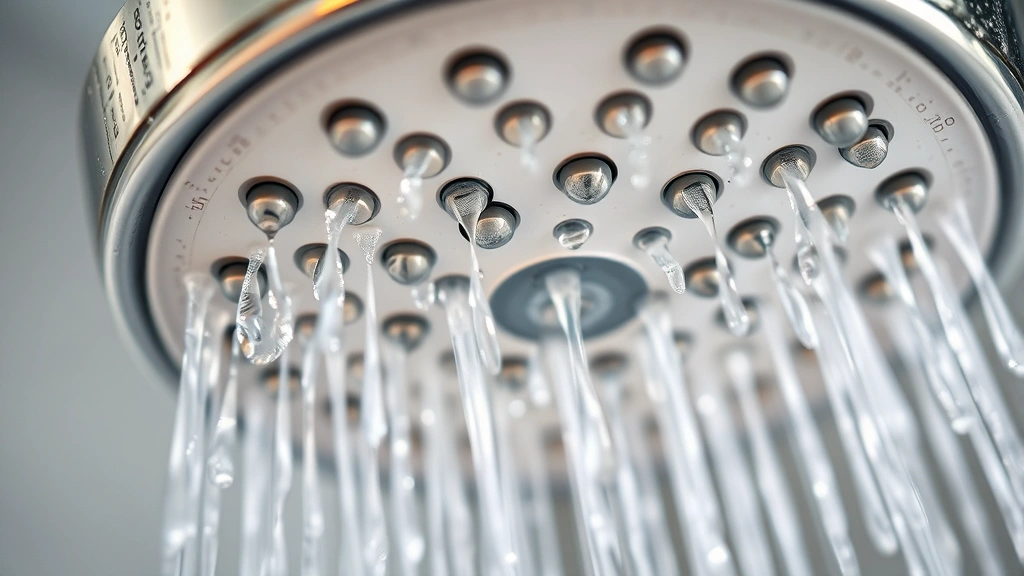 Close-up of shower head with water droplets and mineral deposits visible on spray holes, professional bathroom lighting