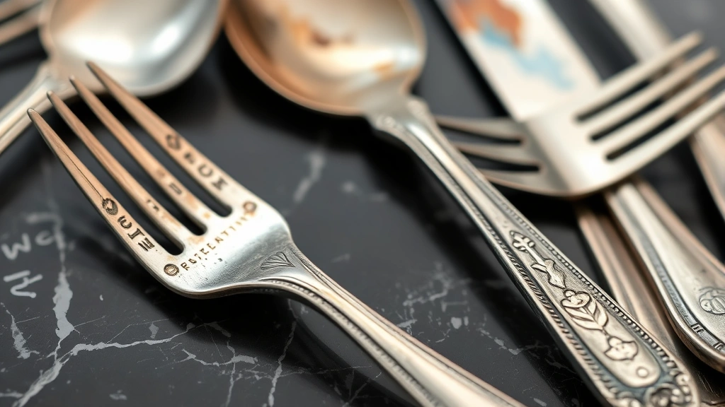 Close-up of tarnished sterling silver flatware arranged on dark marble surface, showing oxidation and discoloration details