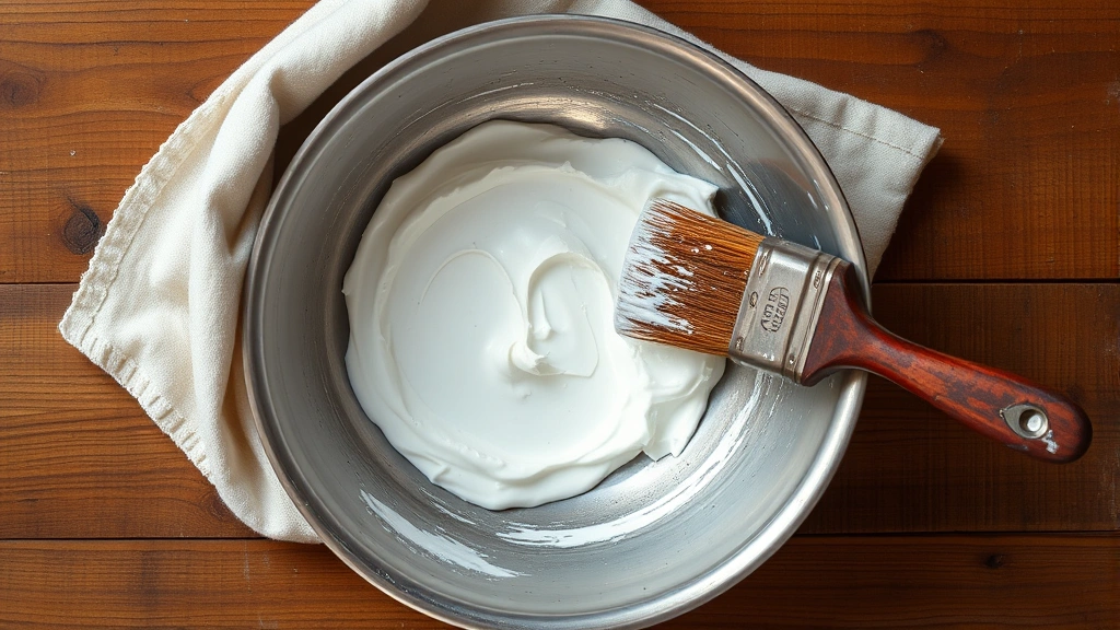 Overhead view of baking soda paste being applied to tarnished silver bowl with soft cloth and vintage brush on wooden table