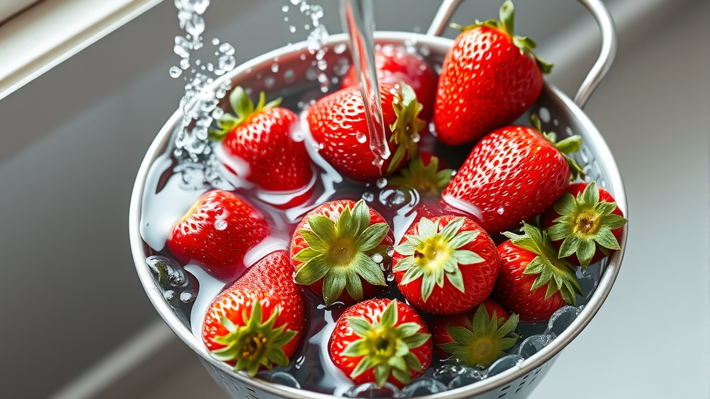 Fresh red strawberries in colander under running water, kitchen setting, natural lighting, no text no words no letters