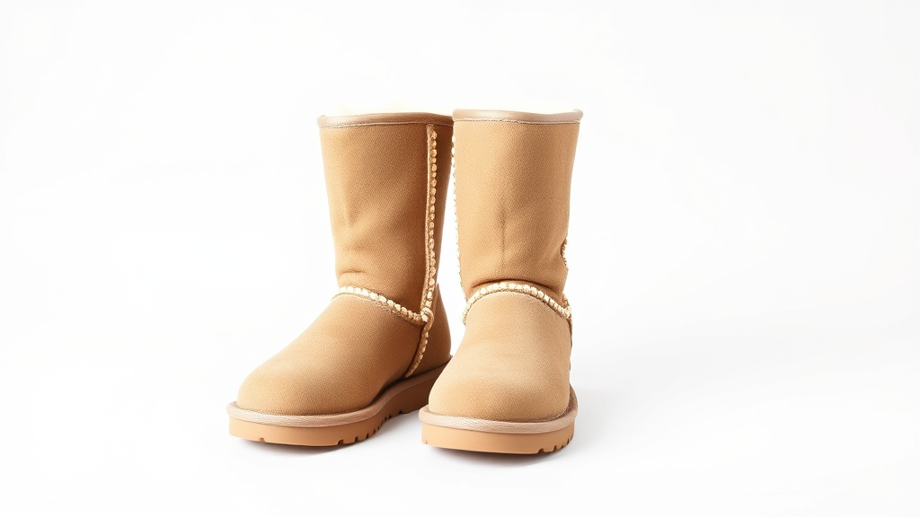 Clean pristine beige suede Ugg boots on white background, professional product photography style, no text no words no letters