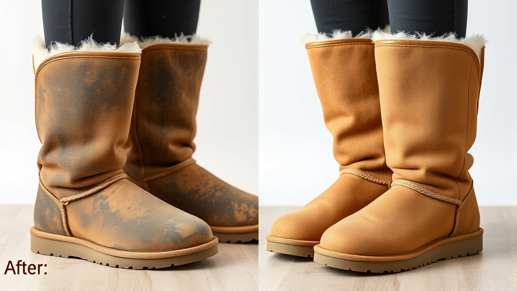 Before and after comparison of dirty and clean Ugg boots side by side, no text no words no letters