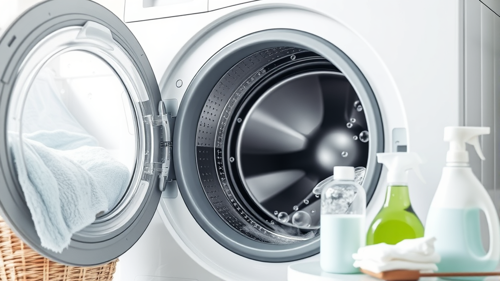 Modern washing machine interior drum with soap bubbles and cleaning supplies arranged nearby, bright clean laundry room setting, no text no words no letters