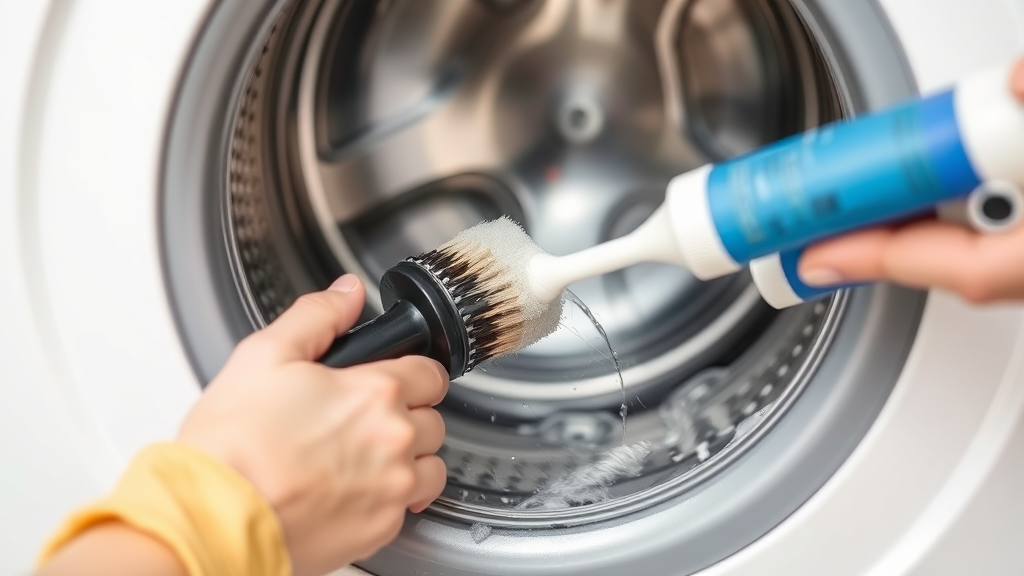 Close up washing machine door seal being cleaned with brush and cleaning solution, detailed maintenance work, no text no words no letters