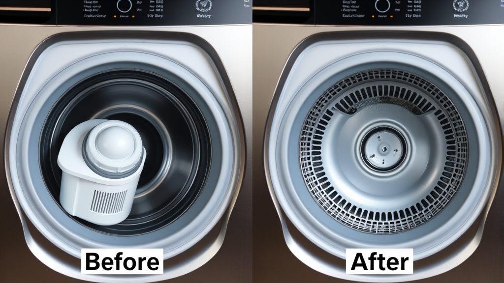 Before and after comparison of washing machine components showing clean versus dirty detergent dispenser and filters, no text no words no letters