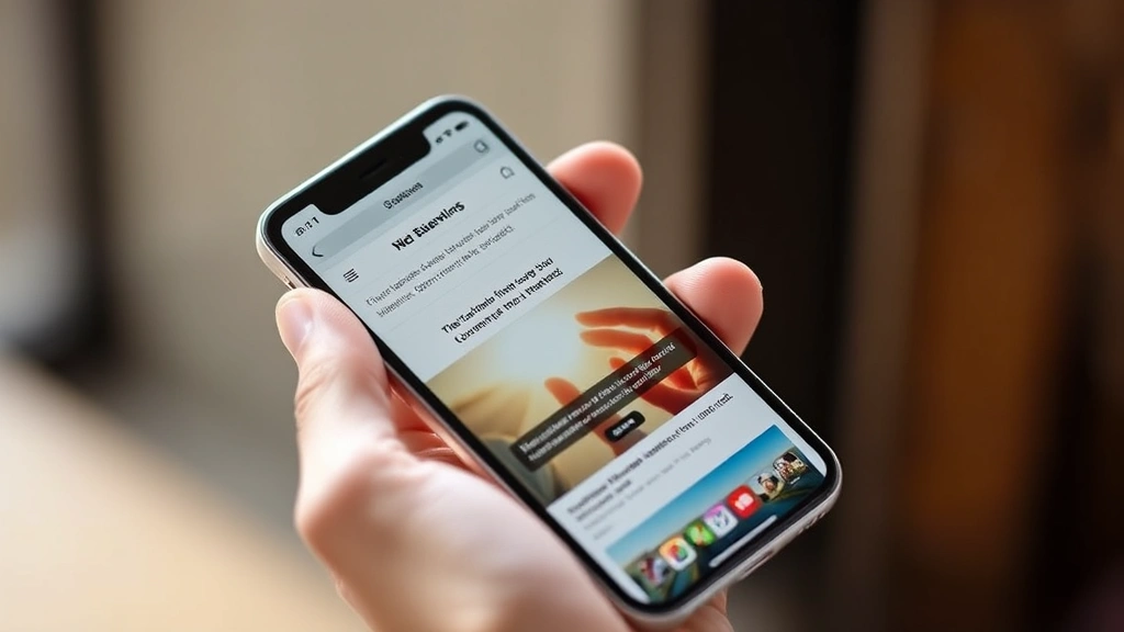 Person holding iPhone with Safari browser open, showing website loading, natural lighting, realistic photography