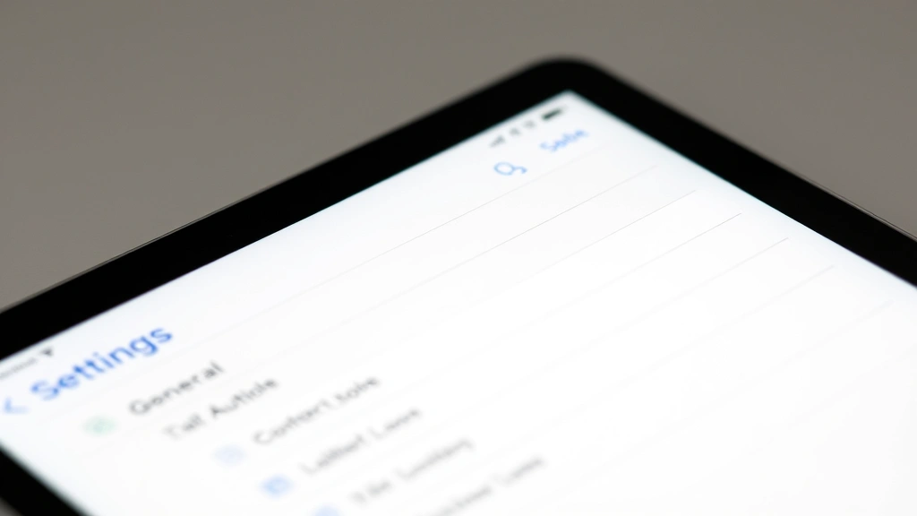 Close-up of iPad screen showing Settings app interface with General menu highlighted, modern minimalist design, soft lighting, clean aesthetic