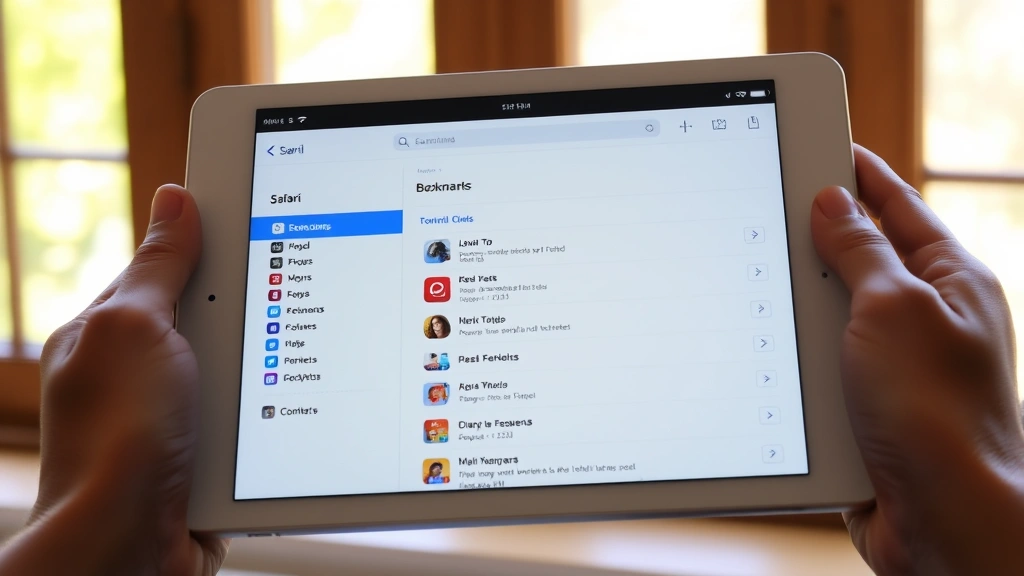 Hands holding iPad displaying Safari browser with bookmarks menu visible, natural daylight streaming through window, realistic tablet perspective