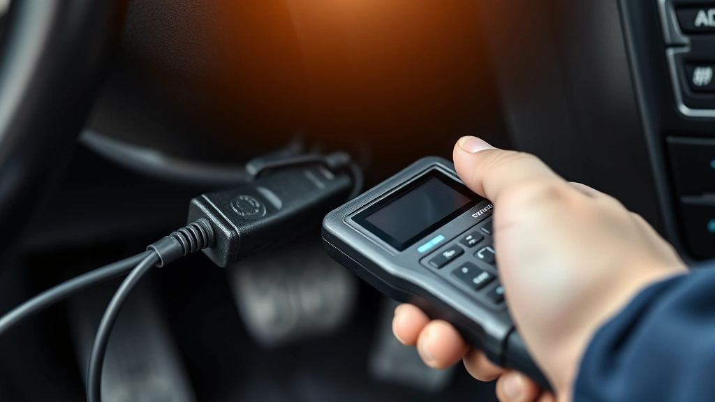 Close-up of OBD2 diagnostic scanner being plugged into vehicle's diagnostic port under steering column, professional auto repair setting