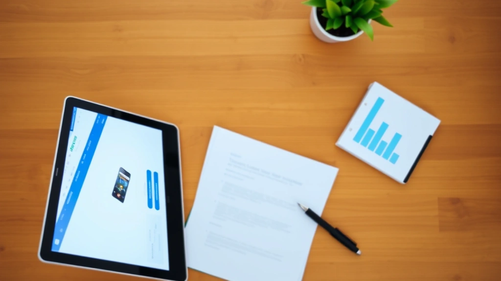 Overhead view of a desk with a laptop showing a banking website, documents, and a pen, representing online account management and financial planning